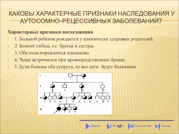 КАКОВЫ ХАРАКТЕРНЫЕ ПРИЗНАКИ НАСЛЕДОВАНИЯ У АУТОСОМНО-РЕЦЕССИВНЫХ ЗАБОЛЕВАНИЙ? Характерные признаки наследования