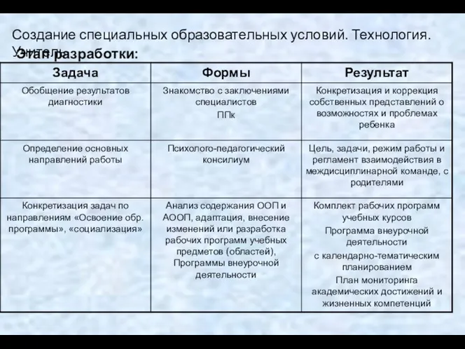 Создание специальных образовательных условий. Технология. Учитель Этап разработки: