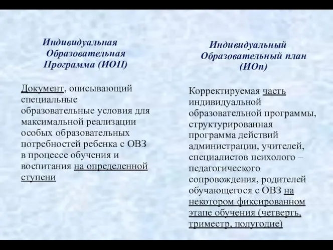 Индивидуальная Образовательная Программа (ИОП) Документ, описывающий специальные образовательные условия для