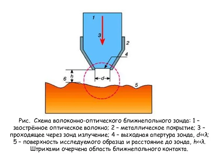 Рис. Схема волоконно-оптического ближнепольного зонда: 1 – заострённое оптическое волокно;