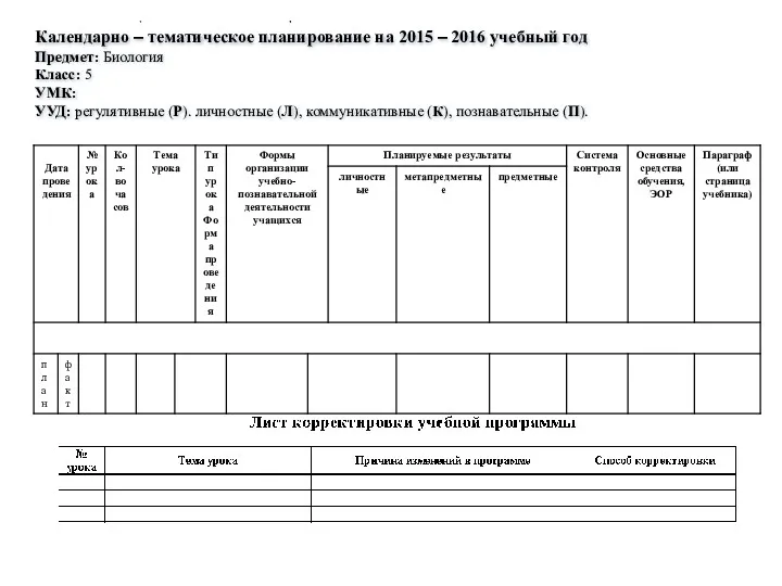 Календарно – тематическое планирование на 2015 – 2016 учебный год