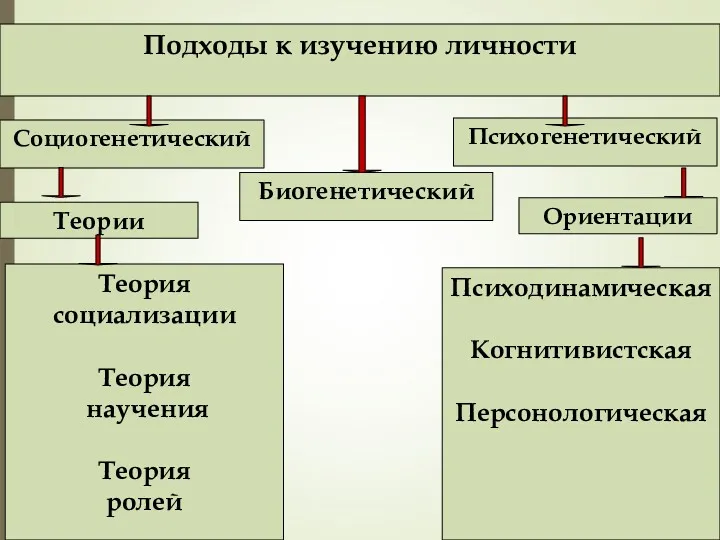 Подходы к изучению личности Теории Теория социализации Теория научения Теория ролей Социогенетический Биогенетический