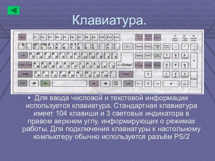 Клавиатура. Для ввода числовой и текстовой информации используется клавиатура. Стандартная