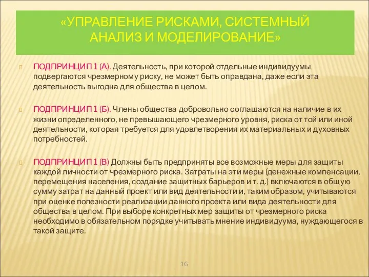 «УПРАВЛЕНИЕ РИСКАМИ, СИСТЕМНЫЙ АНАЛИЗ И МОДЕЛИРОВАНИЕ» ПОДПРИНЦИП 1 (А). Деятельность,