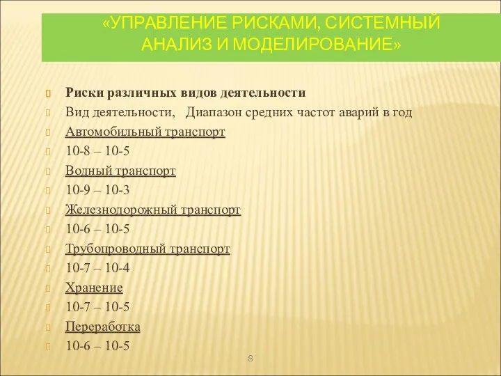 «УПРАВЛЕНИЕ РИСКАМИ, СИСТЕМНЫЙ АНАЛИЗ И МОДЕЛИРОВАНИЕ» Риски различных видов деятельности