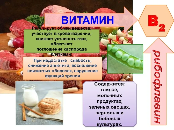 ВИТАМИН B2 рибофлавин Регулирует обмен веществ, участвует в кроветворении, снижает