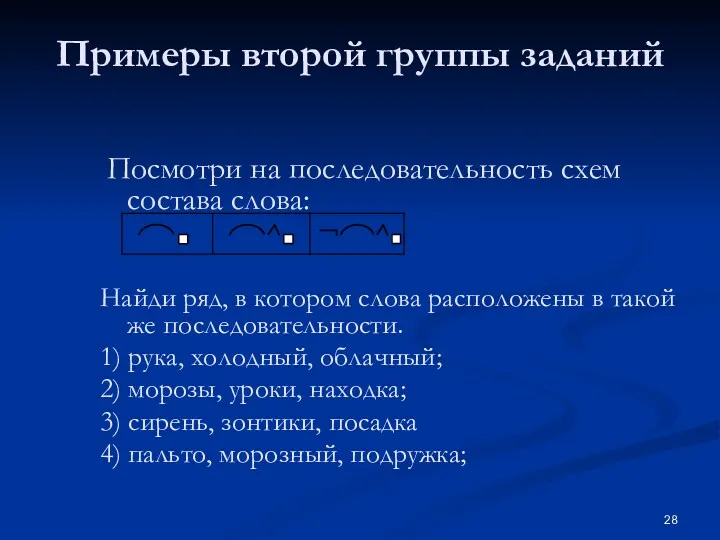 Примеры второй группы заданий Посмотри на последовательность схем состава слова: