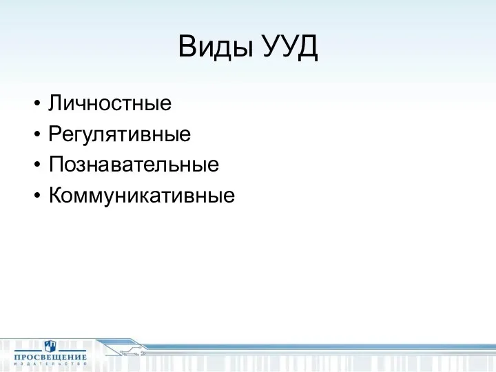 Виды УУД Личностные Регулятивные Познавательные Коммуникативные