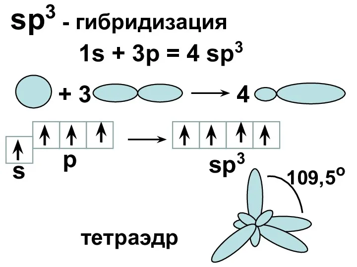 sp3 - гибридизация 1s + 3p = 4 sp3 +