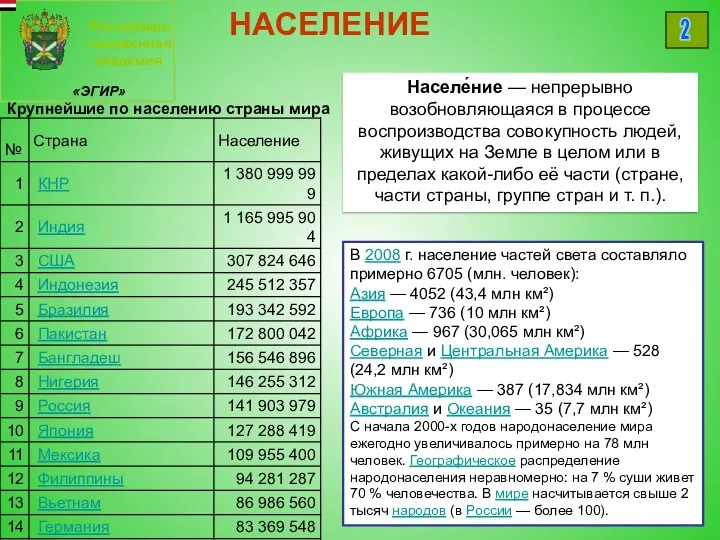 Российская таможенная академия «ЭГИР» 2 НАСЕЛЕНИЕ Населе́ние — непрерывно возобновляющаяся