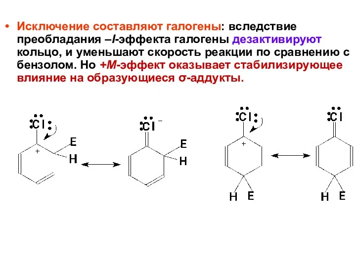 Исключение составляют галогены: вследствие преобладания –I-эффекта галогены дезактивируют кольцо, и