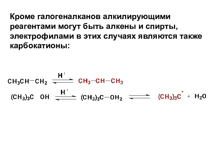 Кроме галогеналканов алкилирующими реагентами могут быть алкены и спирты, электрофилами в этих случаях являются также карбокатионы: