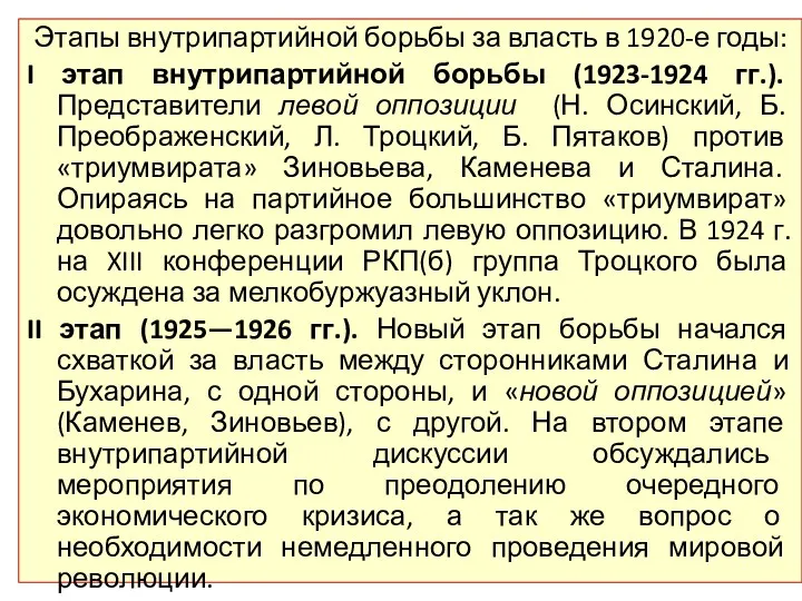 Этапы внутрипартийной борьбы за власть в 1920-е годы: I этап