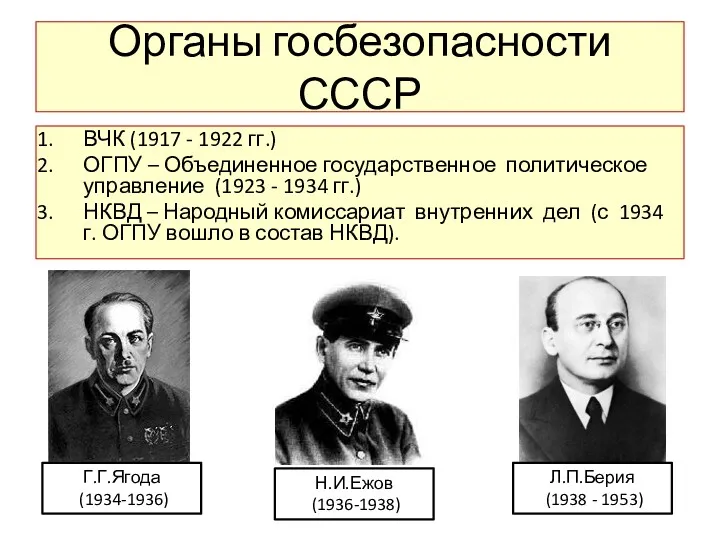 Органы госбезопасности СССР ВЧК (1917 - 1922 гг.) ОГПУ –