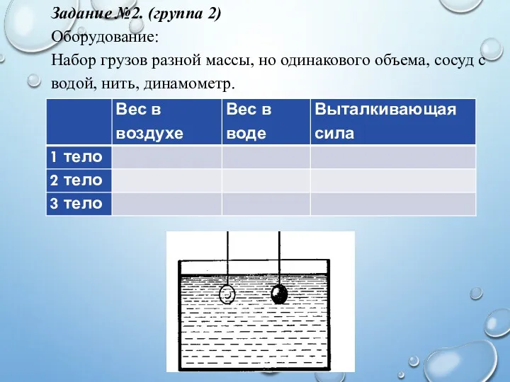 Задание №2. (группа 2) Оборудование: Набор грузов разной массы, но