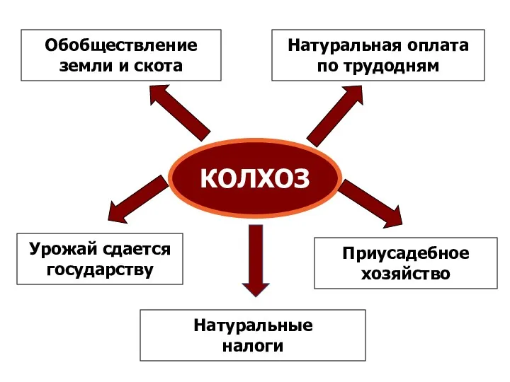 КОЛХОЗ Обобществление земли и скота Урожай сдается государству Натуральная оплата по трудодням Приусадебное хозяйство Натуральные налоги