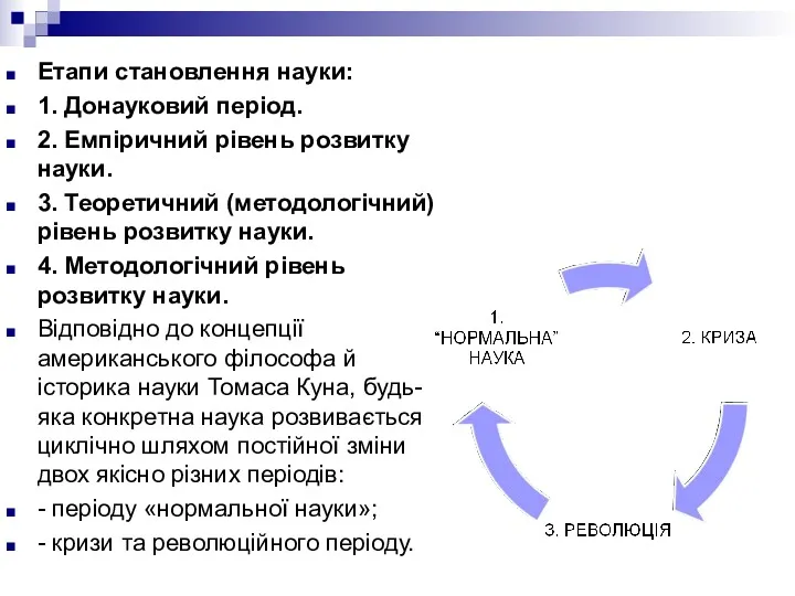 Етапи становлення науки: 1. Донауковий період. 2. Емпіричний рівень розвитку