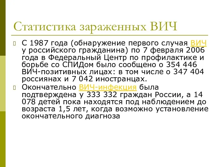 Статистика зараженных ВИЧ С 1987 года (обнаружение первого случая ВИЧ