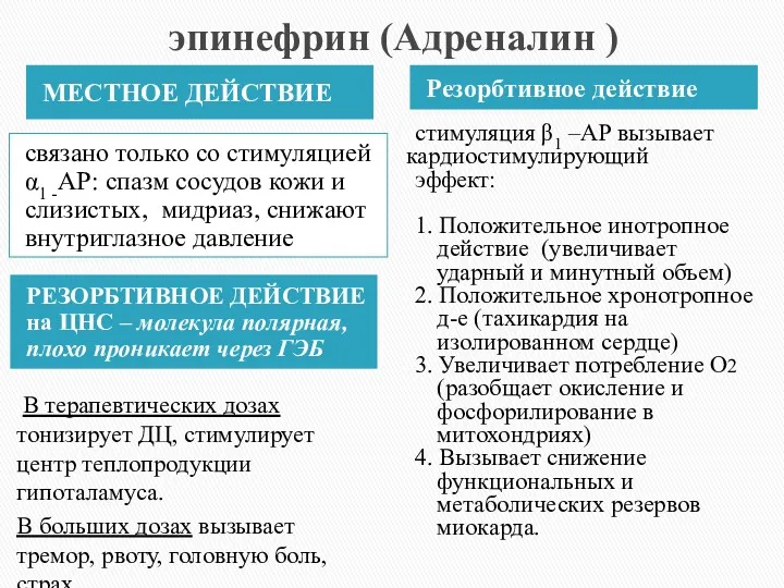 эпинефрин (Адреналин ) РЕЗОРБТИВНОЕ ДЕЙСТВИЕ на ЦНС – молекула полярная,