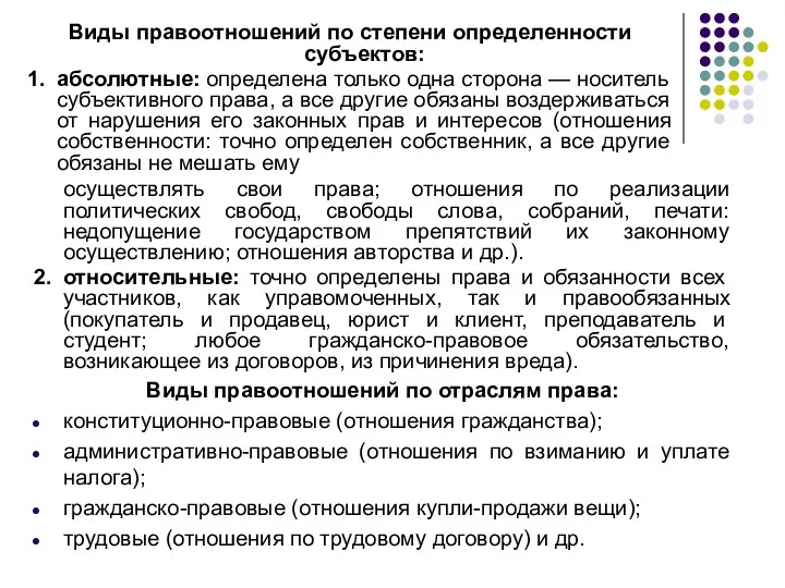 Виды правоотношений по степени определенности субъектов: 1. абсолютные: определена только