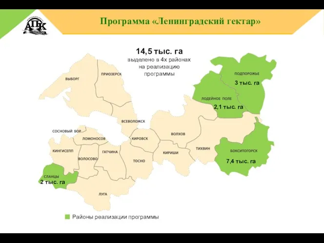 Программа «Ленинградский гектар» Районы реализации программы 7,4 тыс. га 2,1