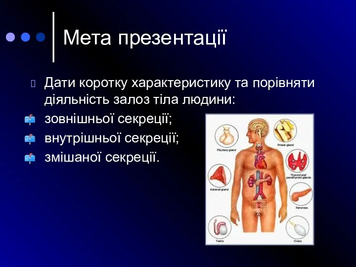 Мета презентації Дати коротку характеристику та порівняти діяльність залоз тіла людини: зовнішньої секреції;
