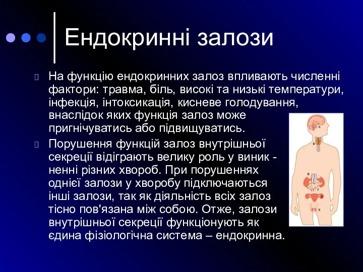 На функцію ендокринних залоз впливають численні фактори: травма, біль, високі