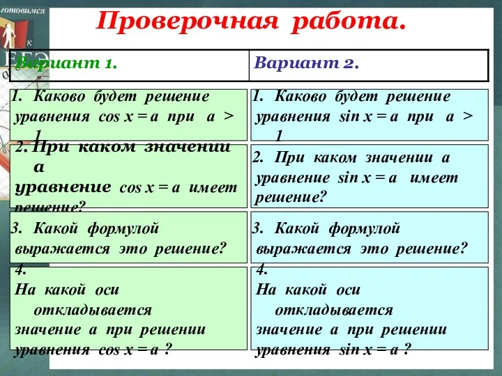 Проверочная работа. Каково будет решение уравнения cos x = a при ‌ а