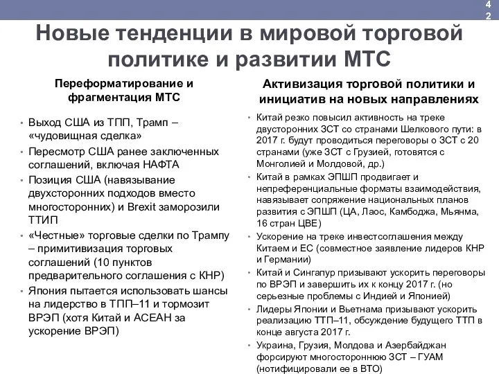 Новые тенденции в мировой торговой политике и развитии МТС Выход