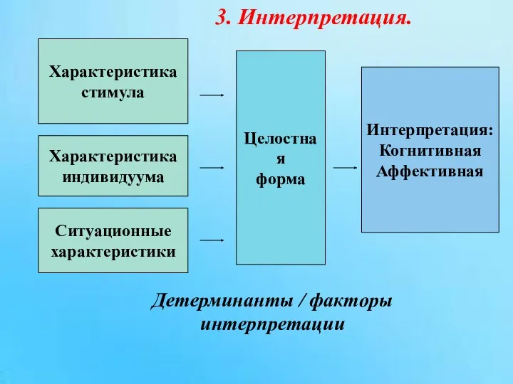 Характеристика стимула Характеристика индивидуума Ситуационные характеристики Целостная форма Интерпретация: Когнитивная