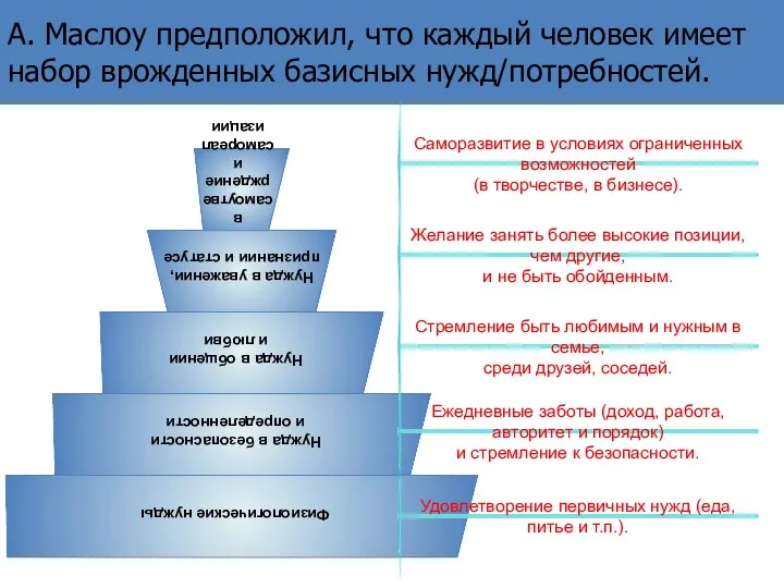 А. Маслоу предположил, что каждый человек имеет набор врожденных базисных нужд/потребностей.