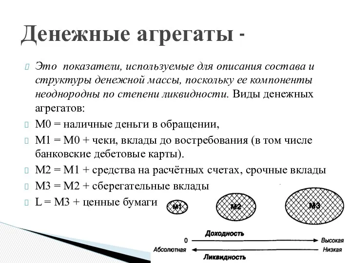 Это показатели, используемые для описания состава и структуры денежной массы,