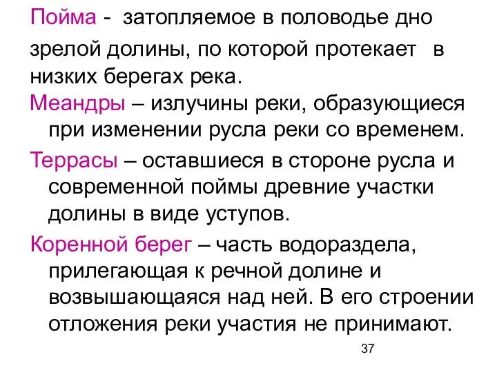 Пойма - затопляемое в половодье дно зрелой долины, по которой