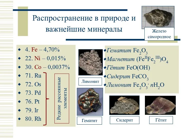 Распространение в природе и важнейшие минералы 4. Fe – 4,70%