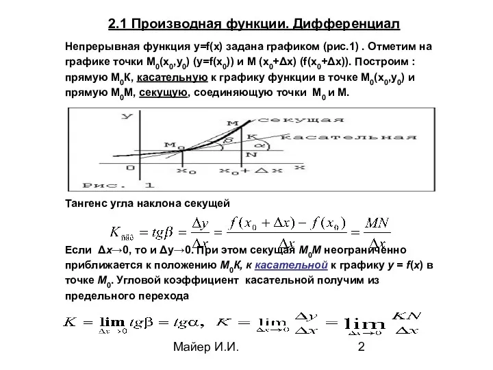 Майер И.И. 2.1 Производная функции. Дифференциал Непрерывная функция y=f(x) задана