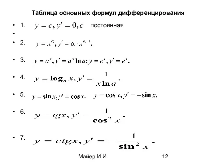 Майер И.И. Таблица основных формул дифференцирования 1. постоянная 2. 3. 4. 5. 6. 7.