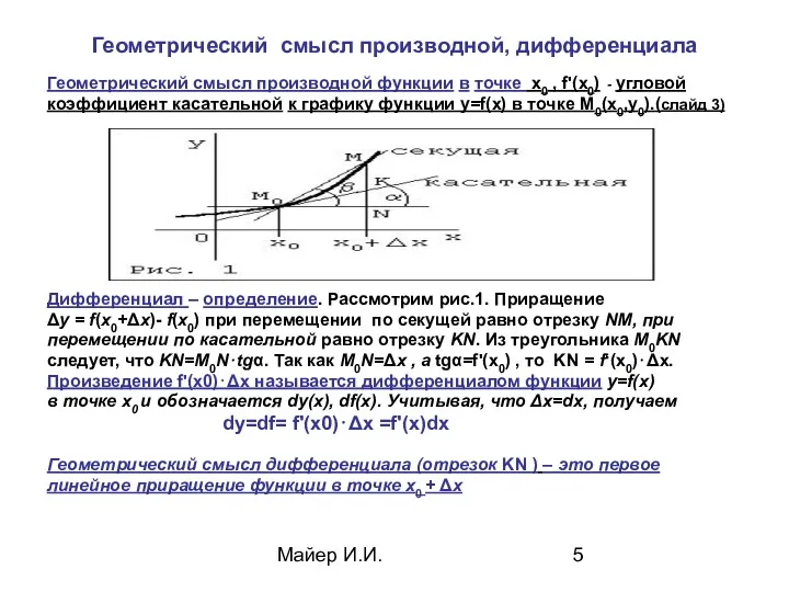 Майер И.И. Геометрический смысл производной, дифференциала Геометрический смысл производной функции