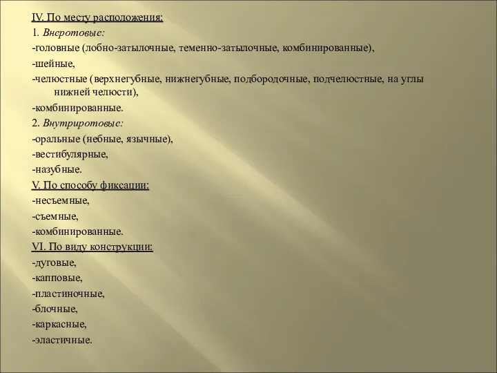 ІV. По месту расположения: 1. Внеротовые: -головные (лобно-затылочные, теменно-затылочные, комбинированные),