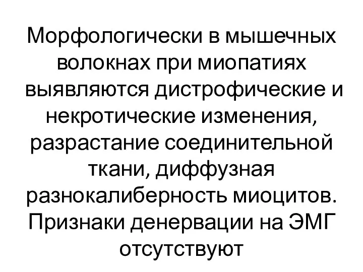 Морфологически в мышечных волокнах при миопатиях выявляются дистрофические и некротические