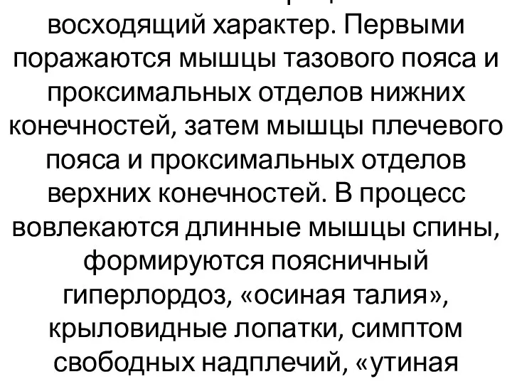 Патологический процесс носит восходящий характер. Первыми поражаются мышцы тазового пояса