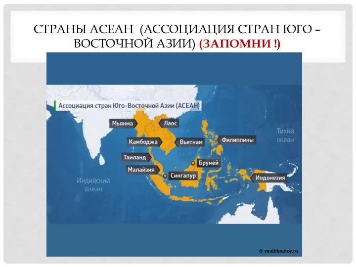 СТРАНЫ АСЕАН (АССОЦИАЦИЯ СТРАН ЮГО – ВОСТОЧНОЙ АЗИИ) (ЗАПОМНИ !)