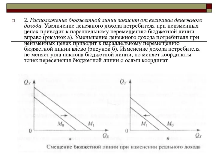 2. Расположение бюджетной линии зависит от величины денежного дохода. Увеличение