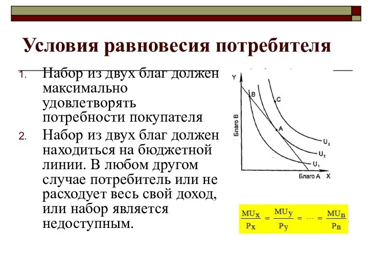 Условия равновесия потребителя Набор из двух благ должен максимально удовлетворять