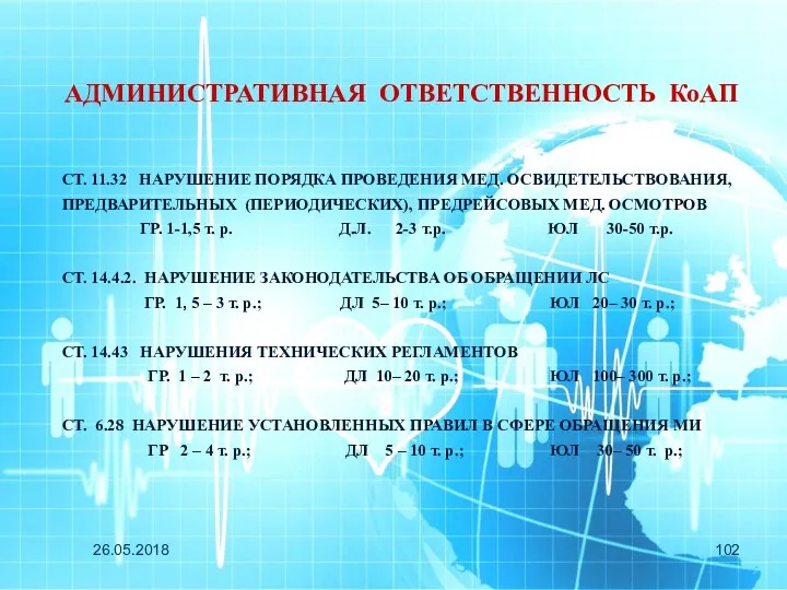 26.05.2018 АДМИНИСТРАТИВНАЯ ОТВЕТСТВЕННОСТЬ КоАП СТ. 11.32 НАРУШЕНИЕ ПОРЯДКА ПРОВЕДЕНИЯ МЕД.