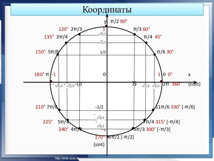 Координаты у π/2 90° 120° 2π/3 1 π/3 60° 135°