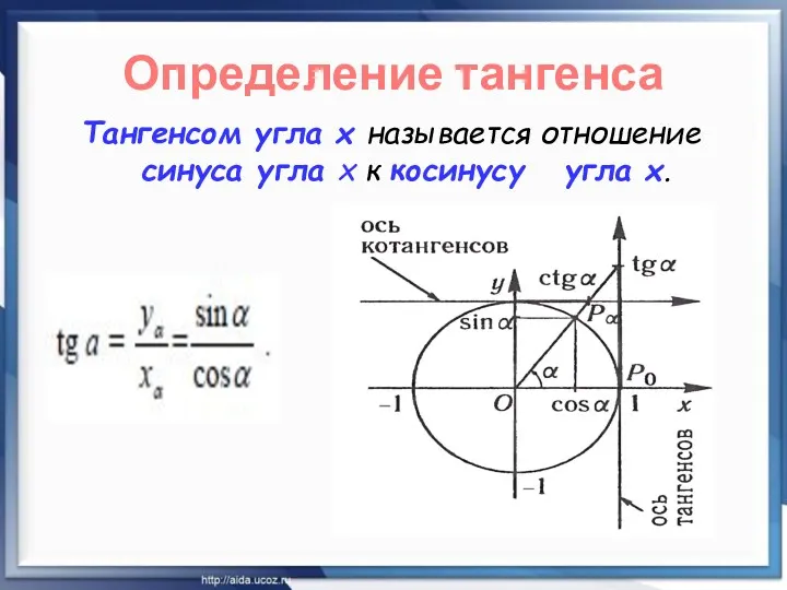 Определение тангенса Тангенсом угла х называется отношение синуса угла х к косинусу угла х.