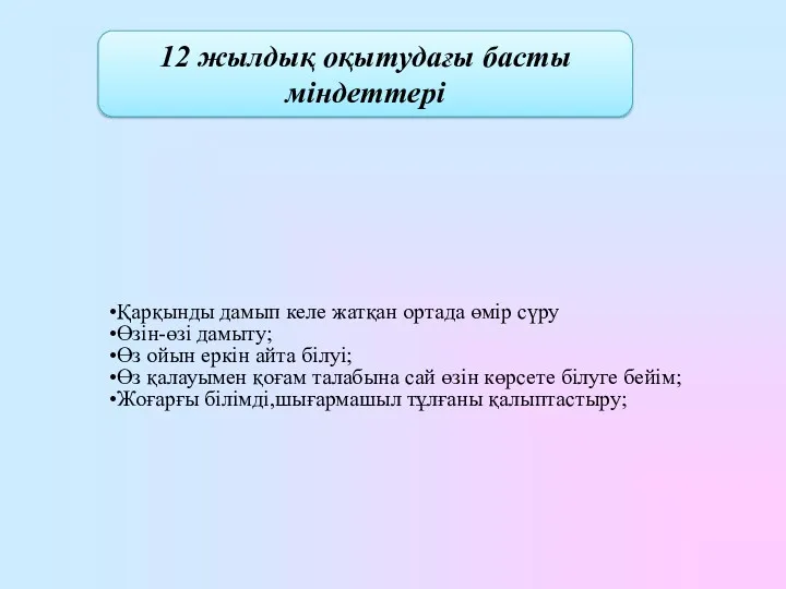 12 жылдық оқытудағы басты міндеттері Қарқынды дамып келе жатқан ортада өмір сүру Өзін-өзі