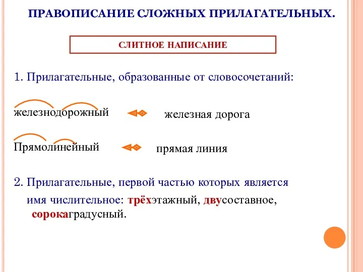 ПРАВОПИСАНИЕ СЛОЖНЫХ ПРИЛАГАТЕЛЬНЫХ. 1. Прилагательные, образованные от словосочетаний: железнодорожный Прямолинейный