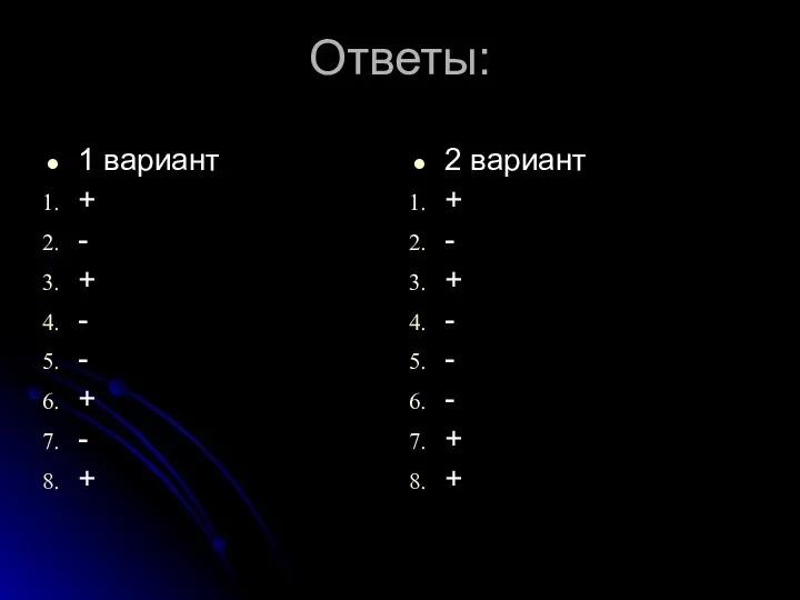 Ответы: 1 вариант + - + - - + -