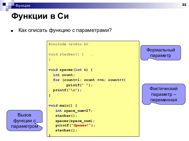 Функции Функции в Си Как описать функцию с параметрами? #include